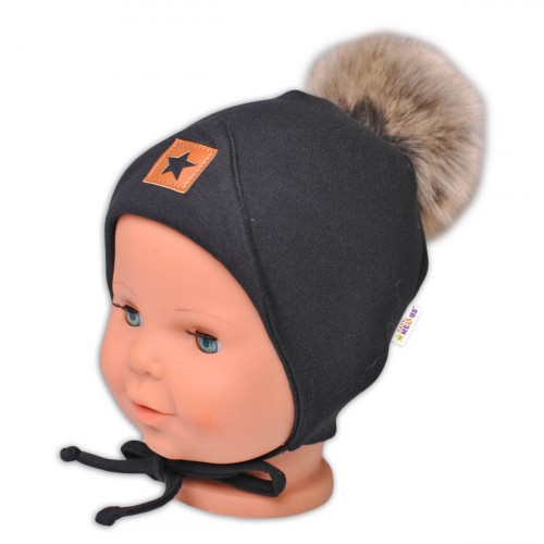 Bavlnená dvojvrstvová čiapka s brmbolcom na zaväz. Star - čierna, veľ. 68/80