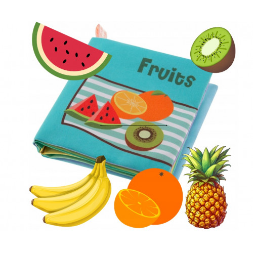 Mäkká, šuštiaca, kontrastná knižka pískacia - Fruits