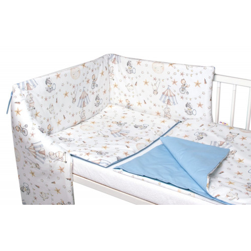 3-dielna sada Mantinel s obliečkami Baby Nellys Cirkus, modrá/biela, 135x100 cm
