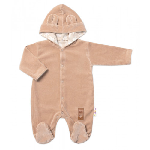 Baby Nellys Dvojvrstvový velúrový overal s kapucňou New Bunny, hnedý, veľ. 80