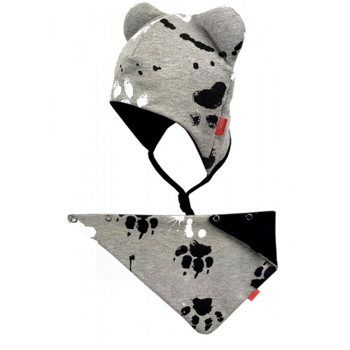 Dvojvrstvová čiapka na zaväzovanie s uškami + šatka Bexa - Labky, sivá, veľ. 74/80