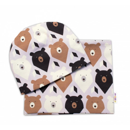 Baby Nellys Dvojvrstvová čiapka + komínček Medvede, hnedá/smotanová, veľ. 92/98