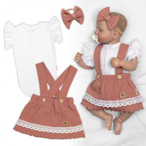 3D súprava LADY, bavlna, body kr. rukáv, suknička s láclom, čelenka, staroružová/biela, 74