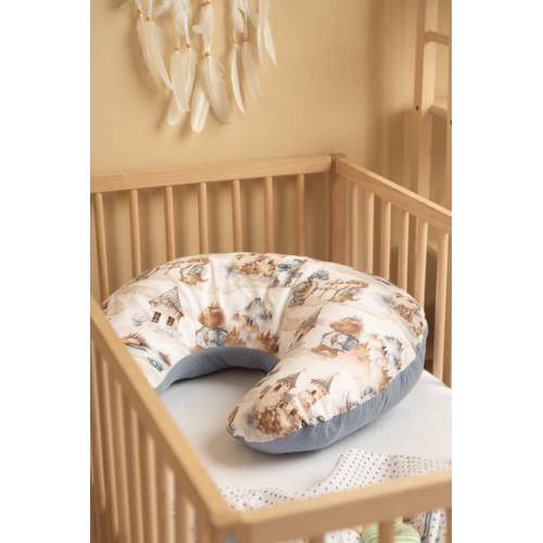 Dojčiaci vankúš, podkova, mušelín, bavlna - Dráčik, modrý, jeans