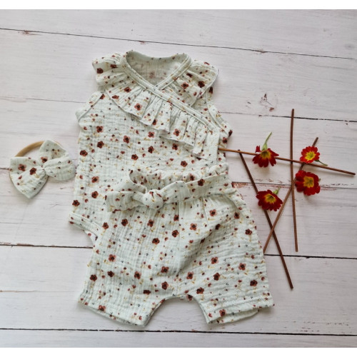 Zavinovacie body s volánikom, kraťasy + čelenka mušelín, 3D, Z&Z Kvetinky, smotanové