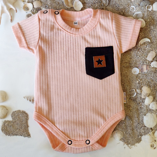 Baby Nellys Bavlnené rebrované body s kapsičkou, kr. rukáv, Summer Boy, marhuľové, veľ.74