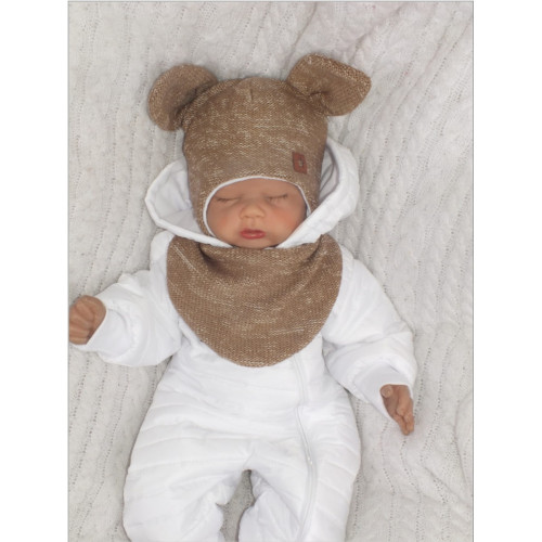 Z&Z Dvojvrstvová pletená čiapka na zaväzovanie so šatkou 2v1, Méďa - hnedá, vel. 86