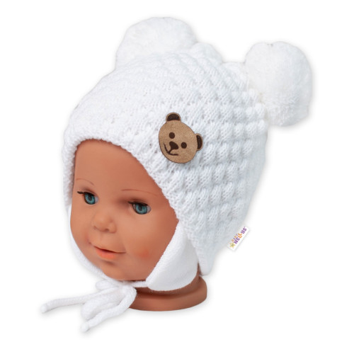 Zimná pletená čiapka Teddy Bear na zaväzovanie, biela/smotanová