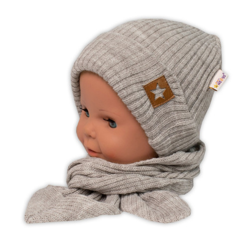 Baby Nellys Pletená čiapka so šálom a rukavičky 3v1, STAR - béžová, veľ. 56/62
