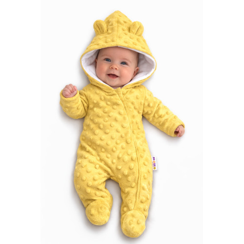 Baby Nellys Kombinézka /overal Minky s kapucňou a uškami -žltá, vel. 74