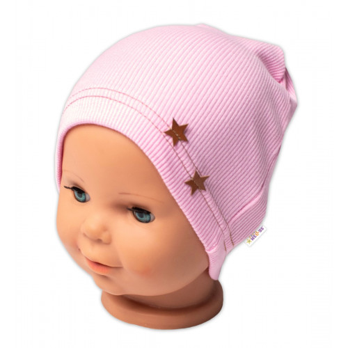 Baby Nellys Rebrovaná čiapka Hviezdičky - ružová, veľ. 80/86