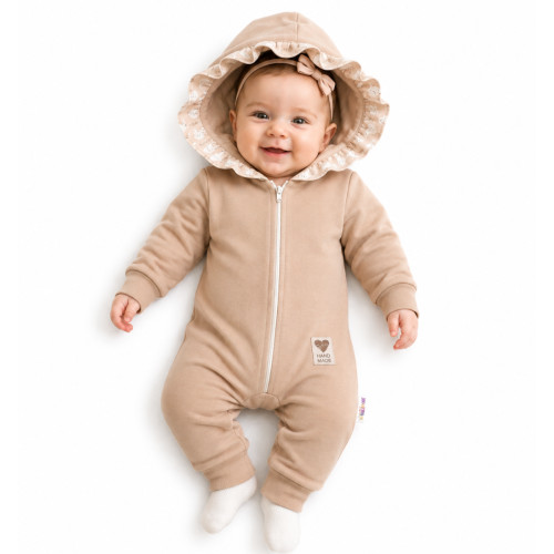 Baby Nellys Teplákový overal s kapucňou a volánikom, New Bunny - cappuccino, veľ. 86