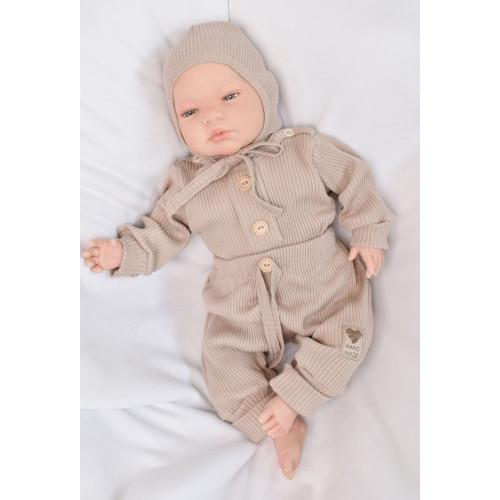 Baby Nellys 3-dielna rebrovaná súpr. Hand Made, body, tepláčiky a čiapočka, béžová, veľ.68