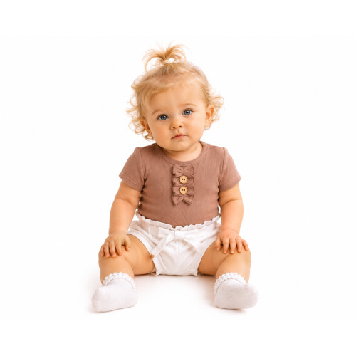 Baby Nellys Dojčenské rebrované body s gombíkmi kr. rukáv, Girl - hnedé, veľ. 74