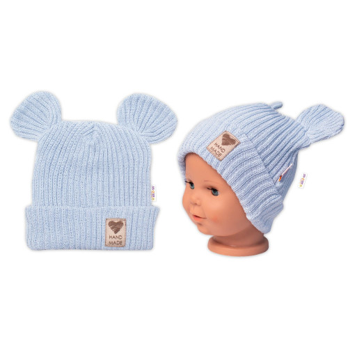 Pletená bavlněná čiapka s uškami, dvojvrstvová, Hand Made Baby Nellys, modrá