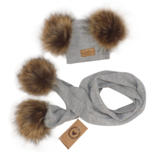 Z & Z Zimná čiapka s brmbolcami z kožušinky s šálou 2V1, sivá