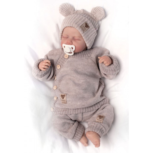 Pletená bavlněná čiapka s uškami, dvojvrstvová, Hand Made Baby Nellys, béžová, veľ. 68/74