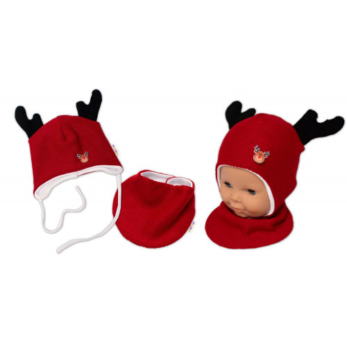 Pletená dvojvrstvová čiapka so šatkou Sobík, červená/biela, veľ. 68/74