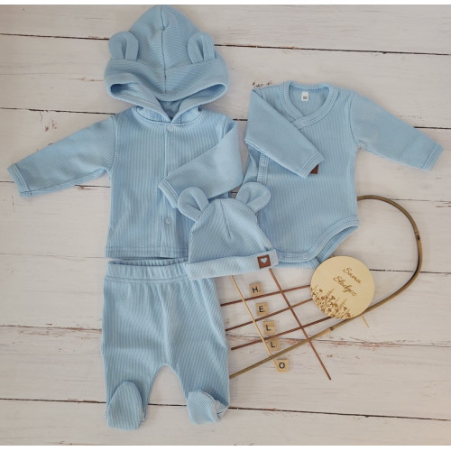 Sada do pôrodnice 4D, rebrovaná, body, polodupačky, kabátik a čiapočka, modrá, veľ.62