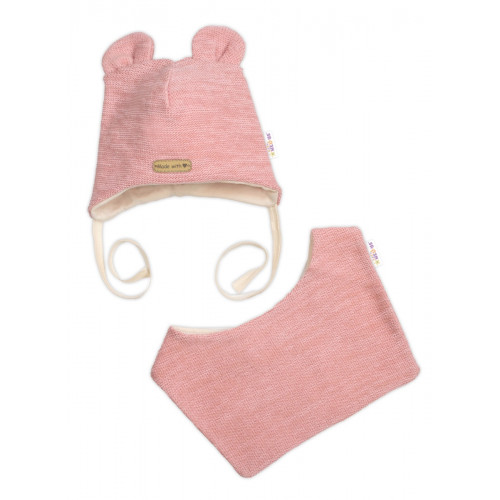 Pletená čiapka s bavlnenou podšívkou a šatkou 2v1, Teddy Hand made - rúžová, 68/74