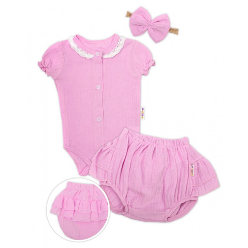 Baby Nellys 3-dielna mušelínová súpravička, body, kraťasky + čelenka GIRL, ružová, veľ. 74