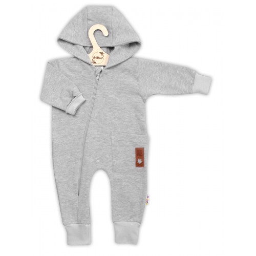 Teplákový overal s vreckom a kapucňou BOY, Baby Nellys, sivý, veľ. 80