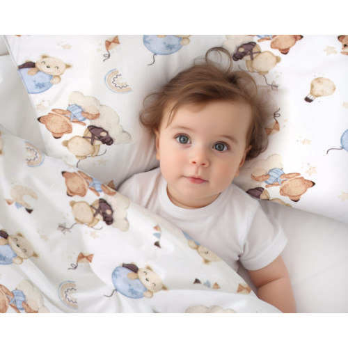 Mantinel s obliečkami do postieľky, 3D sada - Zábava s balónikmi, biela/modrá, 135x100 cm