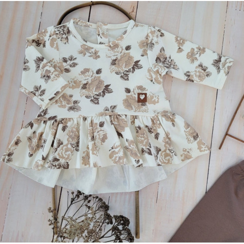 Bavlnená sada, 2D, tunika + legíny s kvetmi - čokoládová/ecru