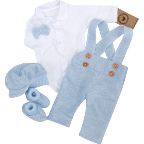 Z&Z 5-dielna pletená sada Boy, body, nohavice, čiapočka motýlik, topánočky, modrá, veľ. 86
