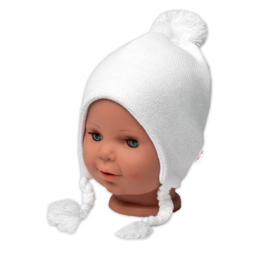 Pletená čiapka s bavlnenou podšívkou, brmbolcom a vrkôčiky, biela, veľ. 68/74