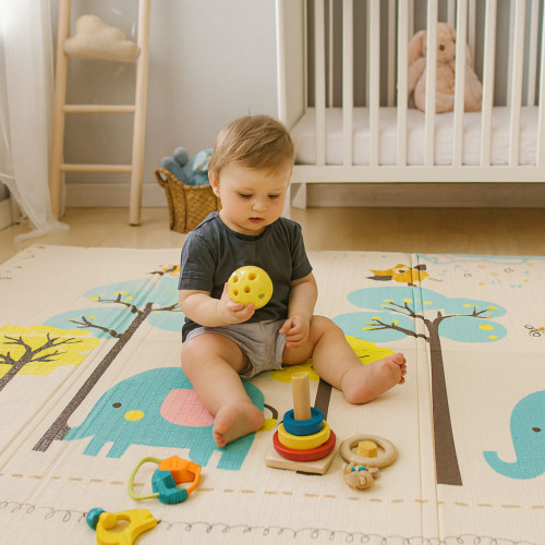 Detská penová podložka 200×150 cm, obojstranná edukačná s abecedou a metrom rastu