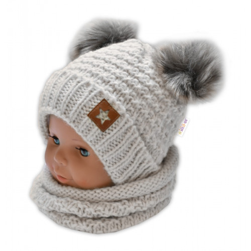 Zimná pletená čiapka Star s fleecom a chlpáčkové brmbolce + komínček 2D sada, béžový melír