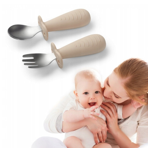 Detský jedálenský set BabyOno, silikónový tanier s prísavkou + príbory nerez, silikón, bež