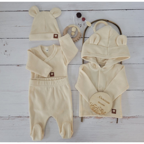 Sada do pôrodnice 4D, rebrovaná, body, polodupačky, kabátik a čiapočka, ecru, veľ. 62