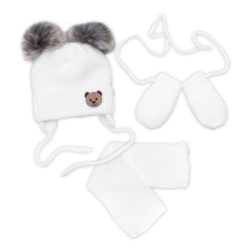 Detská sada, zimná čiapka so šálom + rukavičky 3D, Teddy Bear - biela