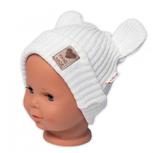 Pletená bavlněná čiapka s uškami, dvojvrstvová, Hand Made Baby Nellys, biela, veľ. 68/74