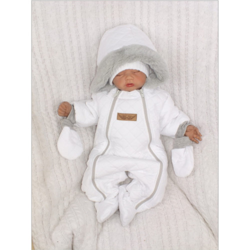 Z&Z Zimná prešívaná kombinéza s kožušinou a kapucňou + rukavičky - biela, vel. 74