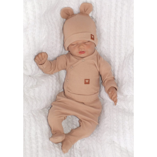 Sada do pôrodnice 4D, rebrovaná, body, polodupačky, kabátik a čiapočka, béžová