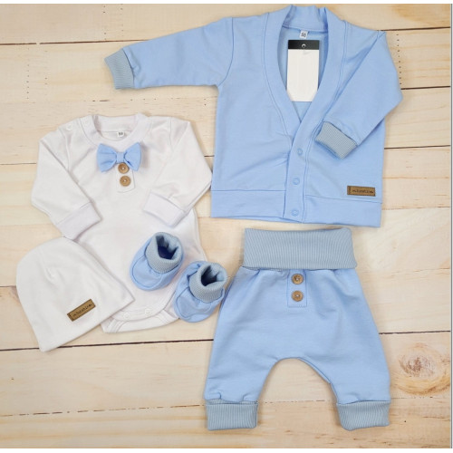 Bavlnená sada, body, nohavice, motýlik a čiapka Elegant Boy 5D, Kazum, modrá/biela, veľ.80