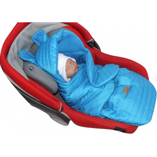 Prešívaný fusák do autosedačky s kapucňou a bavlnenou podšívkou, modrá