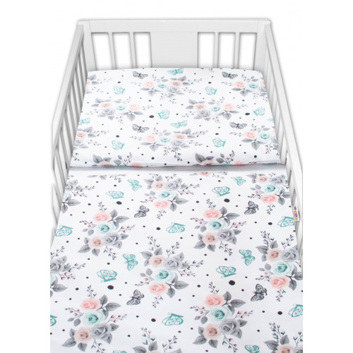 Baby Nellys 3-dielna sada Mantinel s obliečkami - Ružičky, biele