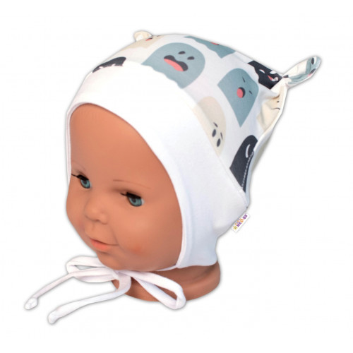 Baby Nellys Dojčenská čiapočka uzlíček na zaväzovanie - Príšerky, biela/mätová