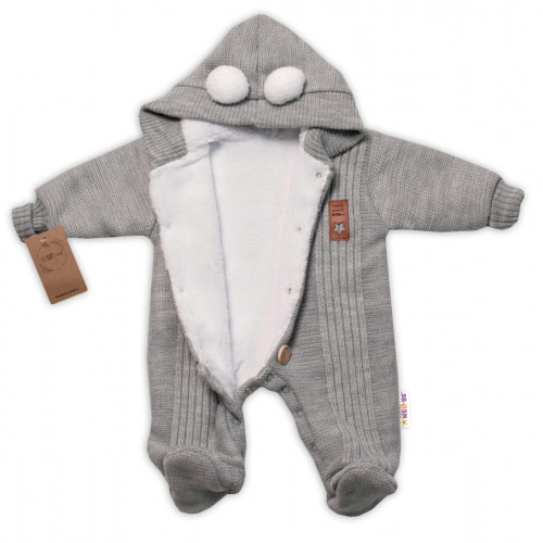 Baby Nellys Pletená kombinéza/overal LUX STAR s kožúškom - dvojvrstvová, šedá, veľ. 74