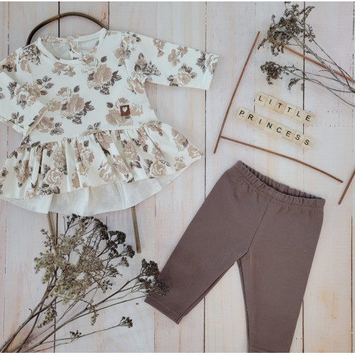 Bavlnená sada, 2D, tunika + legíny s kvetmi - čokoládová/ecru