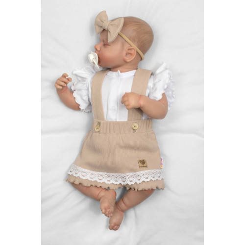 3D súprava LADY, bavlna, body kr. rukáv, suknička s láclom, čelenka, béžová/biela, 74