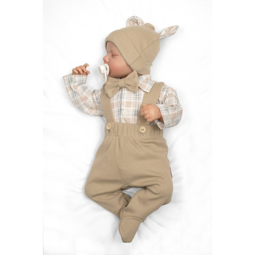 Bavlnená súprava Gentleman 3D, body, polodupačky s lacnom, čiapočka, béžová/kocka