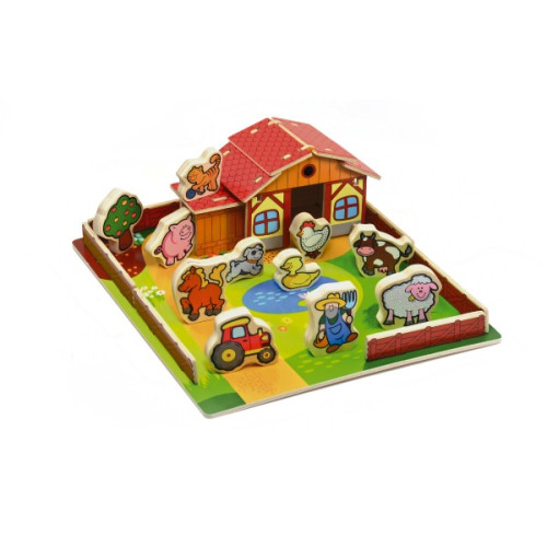 Teddies Domček drevená farma Moje prvé zvieratká 31x31cm 28ks + podložka v krabici