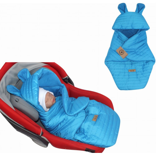 Prešívaný fusák do autosedačky s kapucňou a bavlnenou podšívkou, modrá