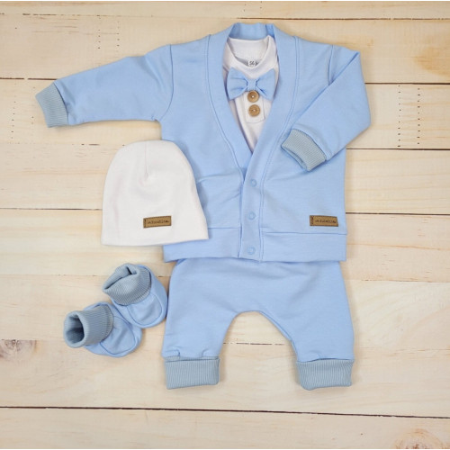 Bavlnená sada, body, nohavice, motýlik a čiapka Elegant Boy 5D, Kazum, modrá/biela, veľ.80