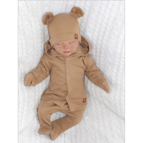Sada do pôrodnice 5D, body, polodupačky, kabátik, čiapočka, rukavičky - hnedá, veľ. 56